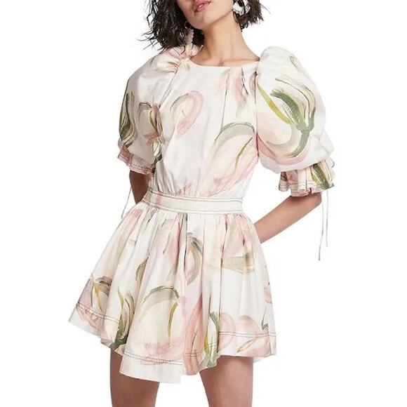 Aje Imprint Cotton Puff Sleeve Mini Dress in Painterly Laceleaf Size US 8 - Picture 1 of 13